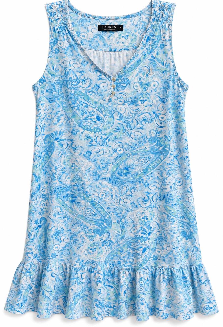 Lauren Ralph Lauren Nightgown Womens M Blue Floral Sleeveless Cotton Sleep Shirt